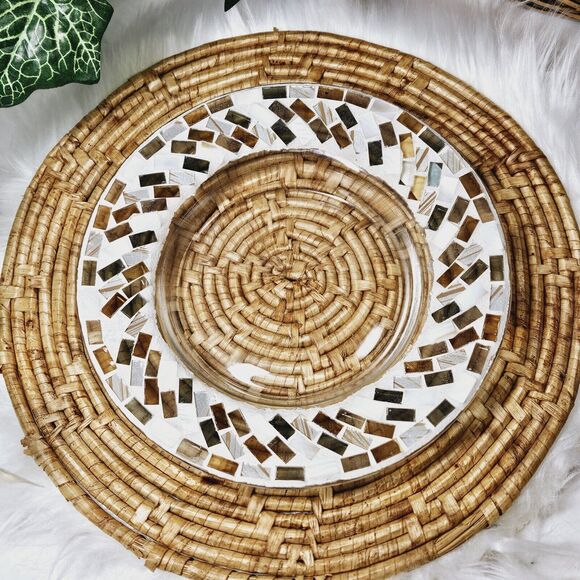 Spring Mossaic Yankee Candle Votive Holder Glass Plate Blue & Brown Tile Dish - Picture 7 of 7